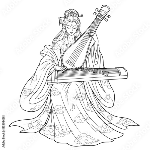 Traditional Chinese Instrument Player Coloring Page Line Art Illustration Artwork