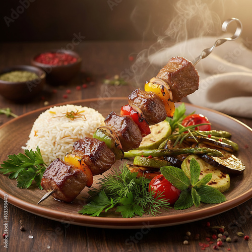 A grilled beef shish kebab served with rice, roasted vegetables, fresh herbs, and steaming presentation on a rustic plate.