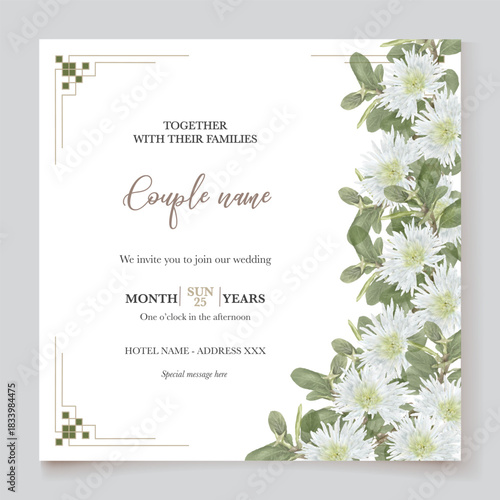 WEDDING INVITATION FRAME WITH FLOWER DECORATIONS AND FRESH LEAVES