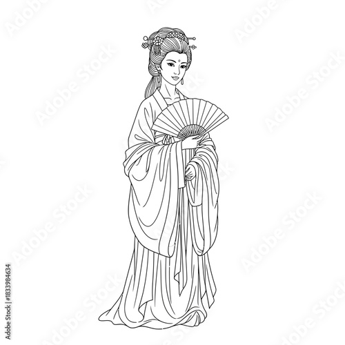 Traditional Japanese Geisha Fashion with Folding Fan Detailed Line Drawing Illustration