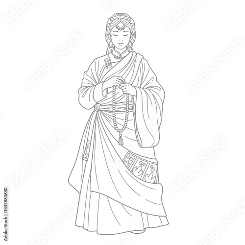 Traditional Woman in Formal Ethnic Costume Holding Prayer Beads Illustration