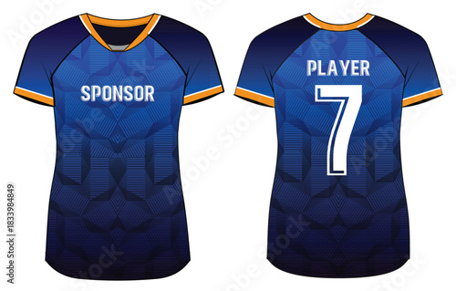 Women Sports Jersey t-shirt design Flat sketch Illustration, geometric degrade stripe pattern V Neck t shirt for Ladies Volleyball jersey, Football, badminton, Soccer and netball, Sport uniform kit