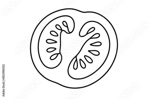 Black and white tomato slice outline with seeds and sections
