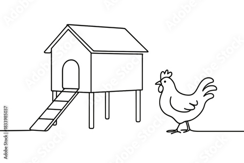 Simple line drawing of chicken with raised coop and ramp