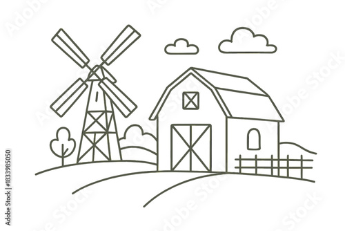 Simple line drawing of a windmill and barn in rural landscape