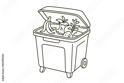 Cartoon trash bin with organic waste: banana peel, apple core, vegetables