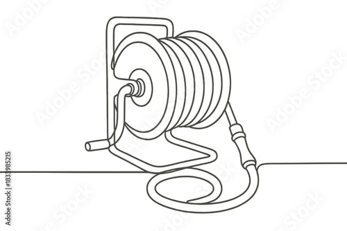 Garden hose reel line art illustration with handle and nozzle