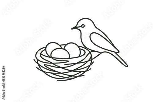 Bird nest outline with eggs: simple black line art of avian habitat