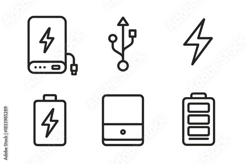 Battery and charging icons collection with power symbols and usb connection