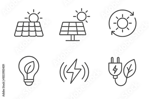 Renewable energy icons featuring solar panels and eco-friendly symbols