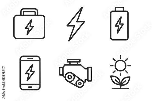 Energy icons set: battery, charger, engine, solar power, eco-friendly technology symbols