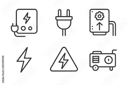 Electricity icons: plug, generator, power symbol, warning sign, electrical panel