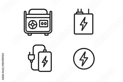 Battery and electrical icons set with generator and power symbols