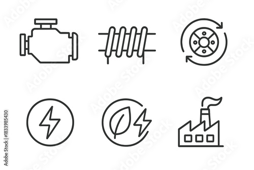 Engine and energy symbols: motor, coil, wheel, lightning, eco power, factory