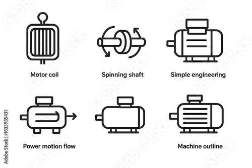 Engineering diagrams: motor coil, spinning shaft, simple machines, motion flow, machine outline