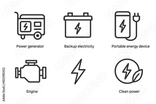 Energy solutions: generator, backup electricity, portable device, engine, clean power icons