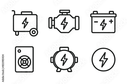 Line art icons of electric generator, engine, battery, fan, motor, and power symbol