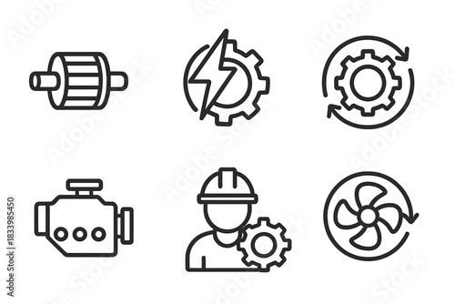 Industrial engineering icons: machinery, gears, energy, recycling, worker, ventilation