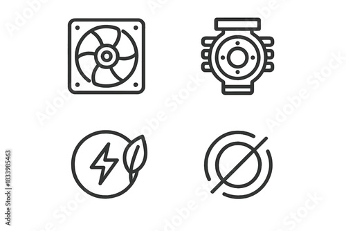Technology symbols: fan, engine, eco energy, no signal icons