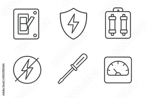 Electrical tools and safety icons: switch, shield, fuses, warning, screwdriver, meter
