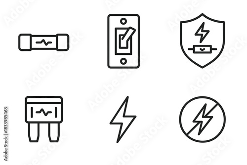 Black and white electrical symbols: fuses, switch, shield, lightning bolt design