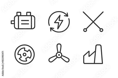 Industrial icons set with electric motor, recycle symbol, tools, and factory