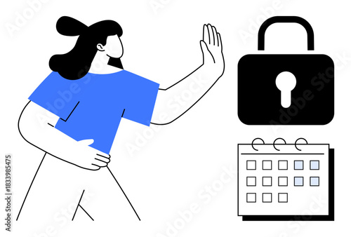 Woman gesturing denial beside locked padlock and calendar, illustrating security, privacy, time management, data protection, restricted access, organization, decision-making. Ideal for concepts