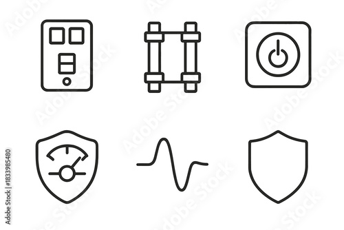 Minimalist line icons: power, shield, gauge, signal, switch, fuse