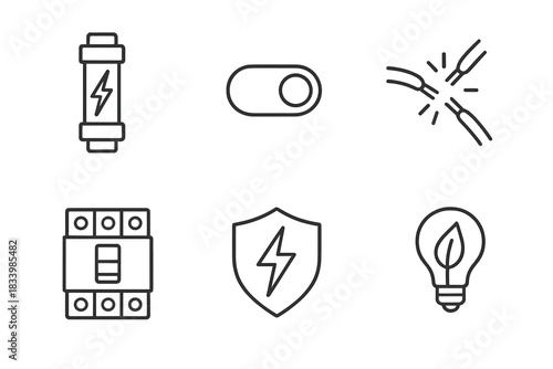 Electric components icons: fuse, switch, wiring, relay, shield, bulb