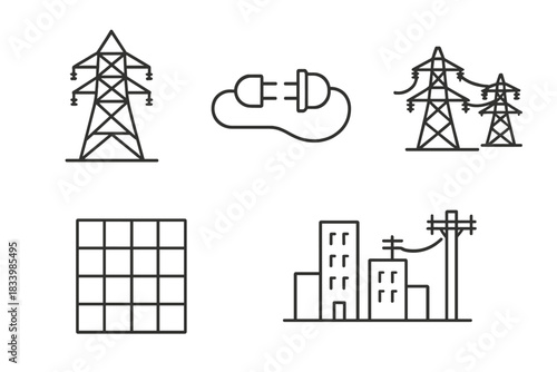 Electric infrastructure icons: power lines, solar panel, plug, grid, buildings