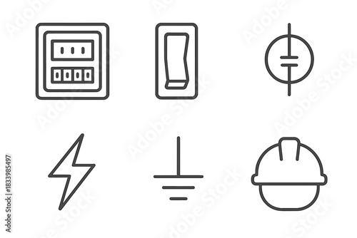 Electrical symbols set with circuit breaker, switch, and hard hat icons