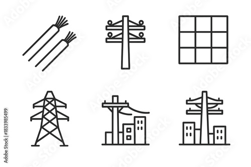 Set of electrical icons: cables, power lines, buildings, grid