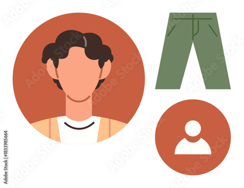 Faceless portrait of a person in a circle, minimalistic pants and avatar icons. Ideal for fashion, identity, user profile, minimalism, lifestyle, social media and branding. Simple flat metaphor
