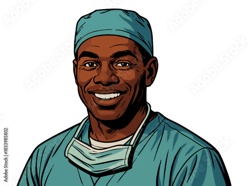 happy surgeon wearing teal scrubs and surgical cap, ideal for healthcare, medical, and hospital-related designs. vector colorful pop art illustration.