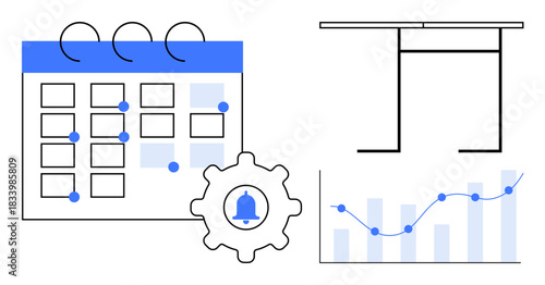 Time management, business planning, analytics, productivity tools, organizational strategy, scheduling tools. Calendar with notifications, analytics graph and table. Time management and business