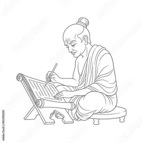 Ancient Historian Monk Writing Vellum Scroll Line Drawing Illustration Black and White Study