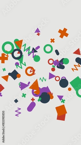 Colorful Geometric Shapes Explosion: Dynamic arrangement of vibrant geometric shapes, scattered across a minimalist canvas, a visual representation of abstract design.