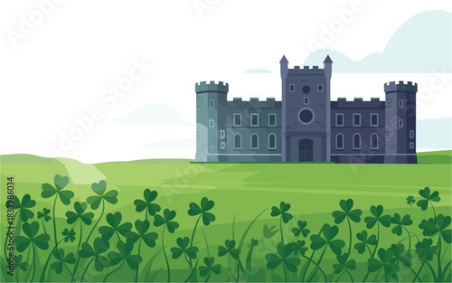 Cartoon Castle Landscape with Shamrocks: A Festive Vector Illustration for St. Patrick's Day and Irish Heritage Celebrations on a Sunny Day.