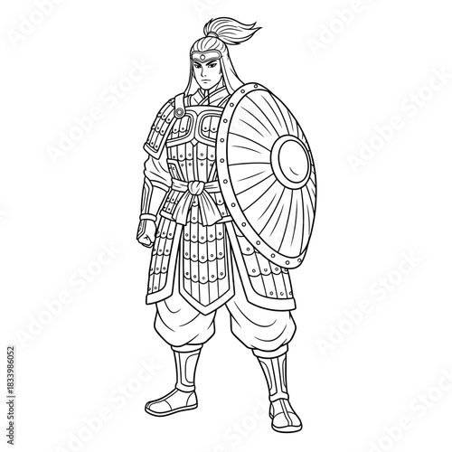 Ancient Warrior in Armor: A meticulously detailed illustration depicts a stoic warrior clad in ornate armor, a symbol of strength and valor, standing ready with a shield.