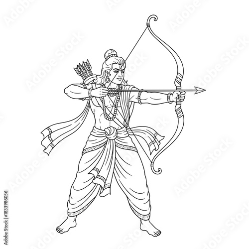Lord Rama Archery Pose in Traditional Attire Holding Bow and Arrows Line Art Design