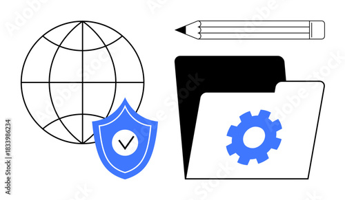 Cybersecurity, data protection, system management, global connectivity, corporate tools, IT services. Shield with checkmark, folder with gear globe pencil. Cybersecurity and data protection