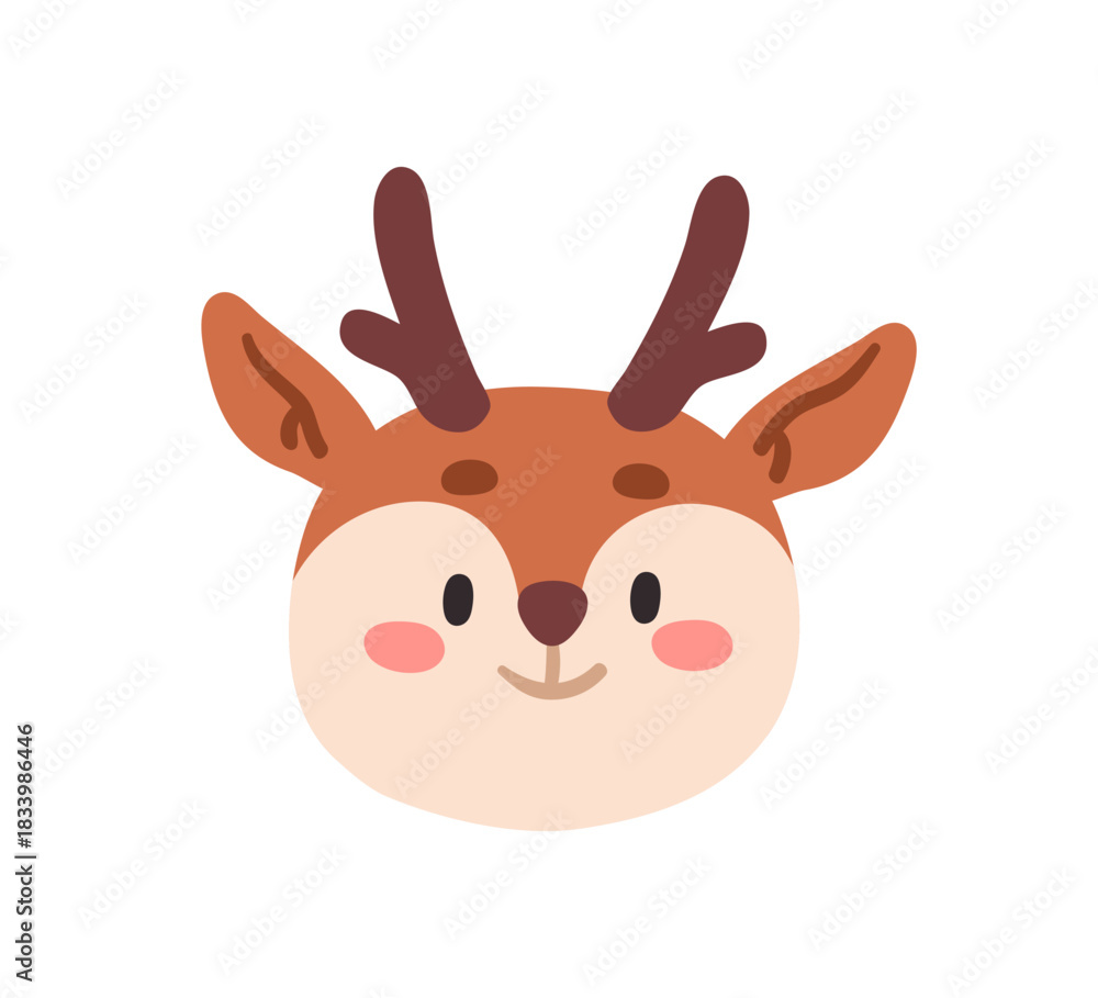 Fototapeta premium Cute deer cub, face avatar. Adorable smiling baby animal with horns, wild forest character head portrait, user profile, happy friendly emotion. Flat vector illustration isolated on white background