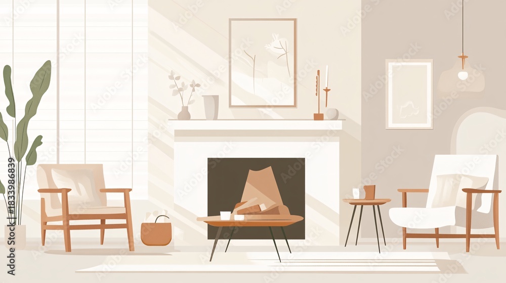 Fototapeta premium Elegant minimalist living room illustration with fireplace, armchairs, indoor plants, and soft natural lighting 