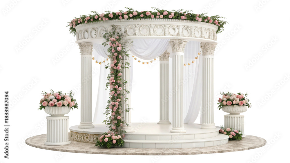 Fototapeta premium Elegant white wedding gazebo decorated with flowers and draped fabric, isolated on transparent background