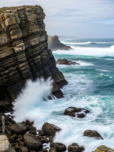 Sunset Light Illuminating Rocky Shoreline and Waves