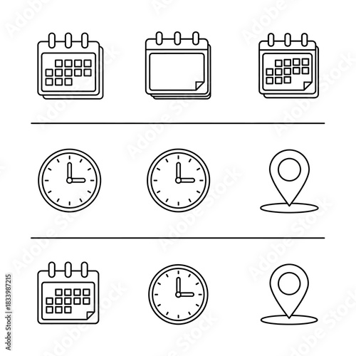 A collection of line art icons representing calendars, clocks, and location pins arranged in a grid.