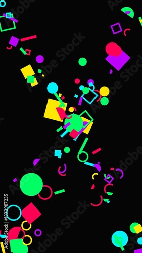 Geometric Galaxy: A vibrant cascade of geometric shapes in a kaleidoscopic array of colors floats against a dark expanse, conjuring a sense of dynamic energy.