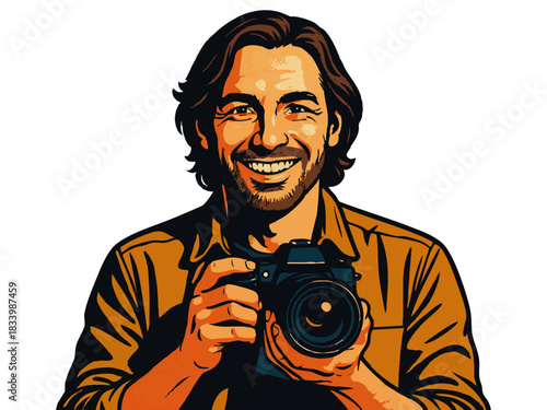 cheerful man aiming a DSLR camera, ideal for photography, content creation, and creative industry themes. Generative ai vector colorful pop art illustration.