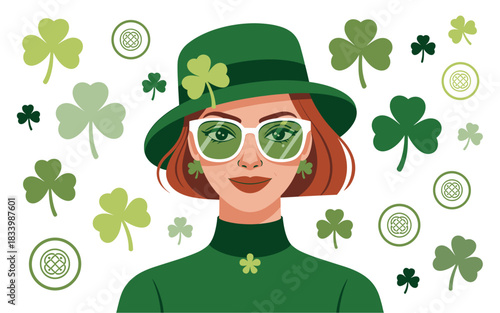 Stylish St. Patrick's Day Illustration: Woman in Green Hat with Shamrocks and Celtic Knots for Celebratory Designs.