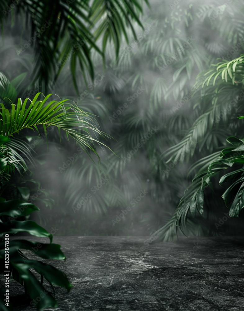 Naklejka premium deep green tropical foliage, volcanic black stone textures, atmospheric misty lighting, subtle tribal pattern blur in distance, earthy and tropical palette, empty center space for product placement.